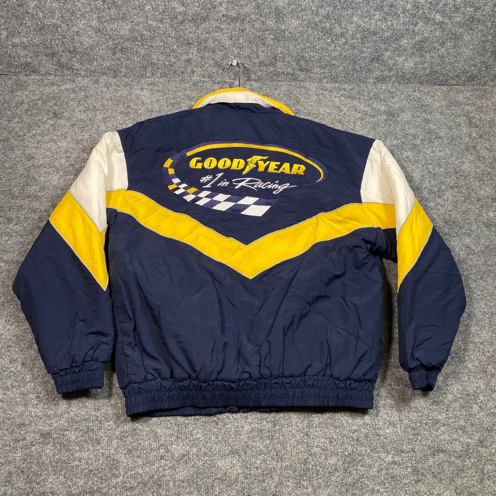 Vintage Goodyear Racing Bomber Jacket Navy Yellow White Made in USA Mens Large